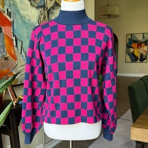 St John Sport Vintage Vibrant Pink and Blue Checkered Women's Turtleneck Sweater